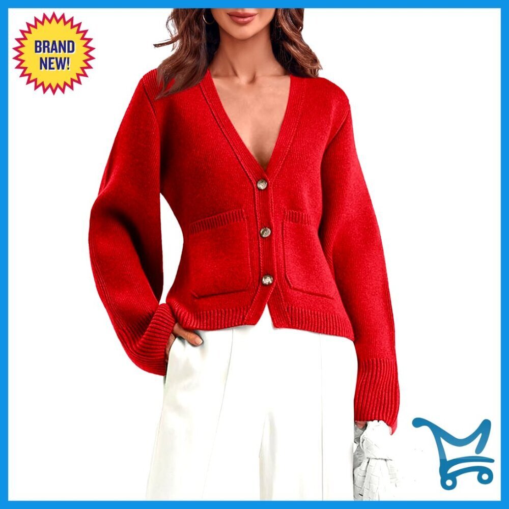 Deep V Neck Cardigan Cropped Open Front Button Down Knit Sweater with Pockets